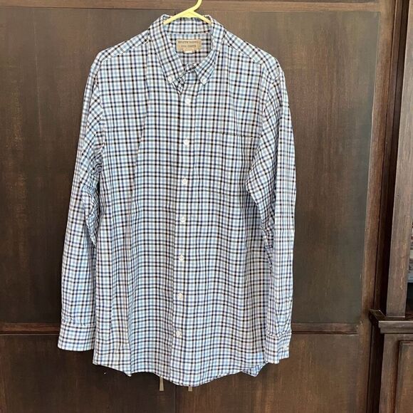 Duluth Trading Company Blue Plaid Long Sleeve Button Front Large Tall LT - Picture 1 of 3